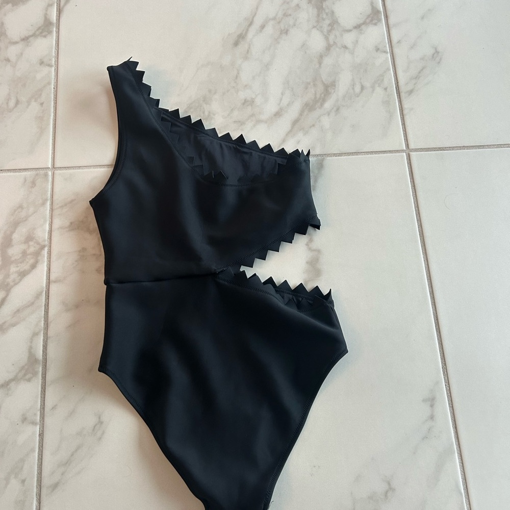 Onia Black One-Shoulder Cutout Swimsuit with Zigzag Trim - Picture 2 of 4
